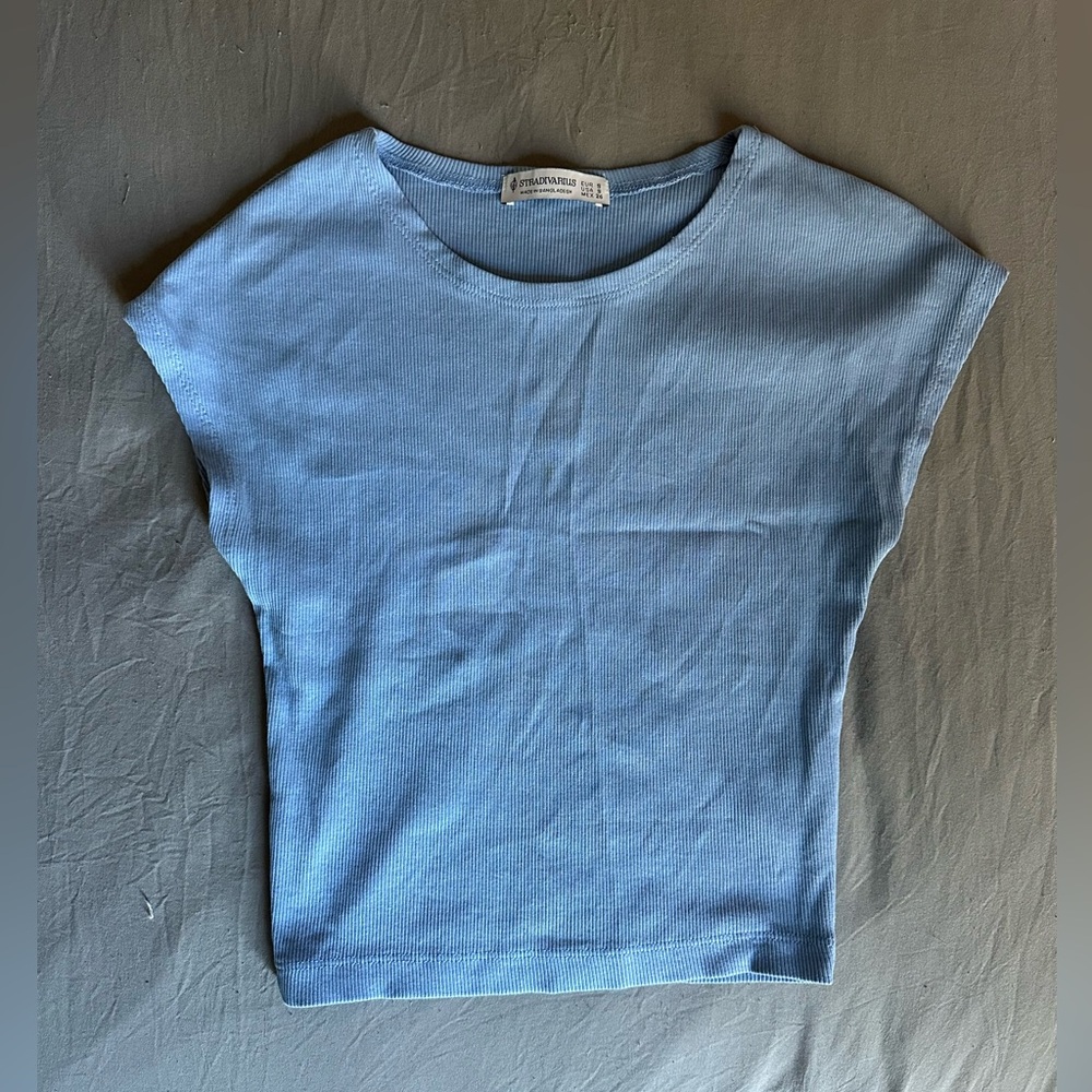 stradivarius Light Blue Ribbed Cap-Sleeve Tee